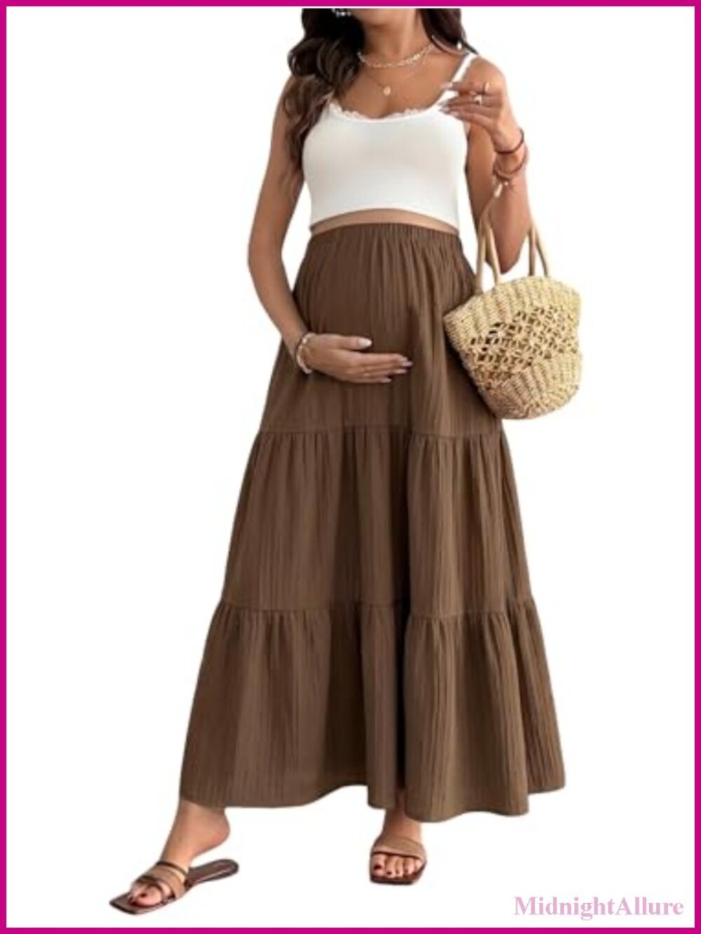 Maternity Ruffle Maxi Skirt Floral High Waist A-Line Flowy Boho